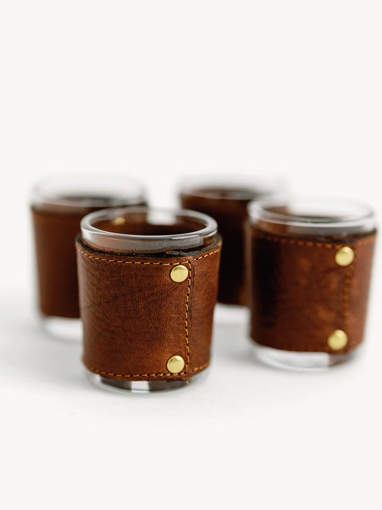 Set of Four Stainless Steel and Leather Shot Glasses_ The Shops at Mount  Vernon