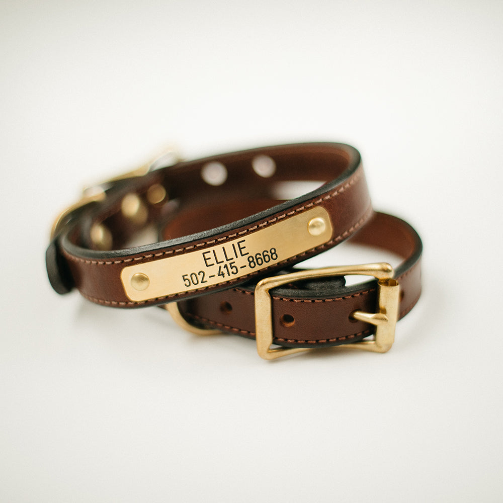 English Bridle Leather Dog Collar with Name Plate