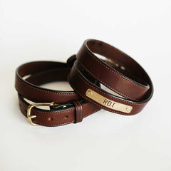 Stitched Leather Belt with Personalize Brass Nameplate